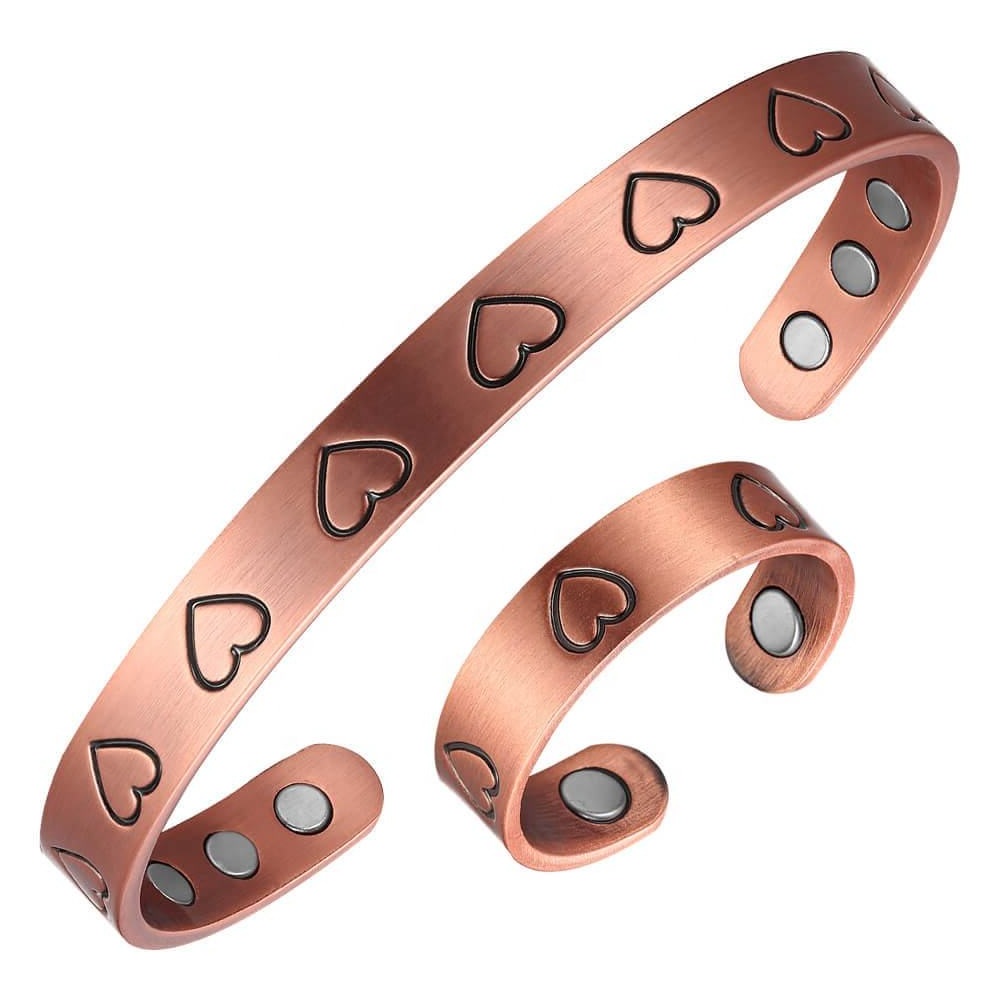 Valentine's Heart Copper Magnetic Bangle Bracelet with Matching Ring Set #Copper-BR003