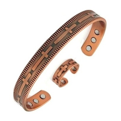 2 PC Cross Copper Magnetic Bangle Bracelet with Matching Ring Set #Copper-BR026