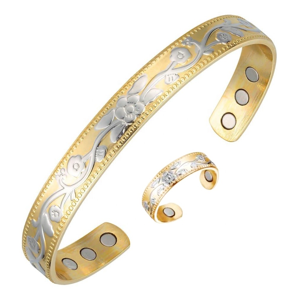 2 PC Two Tone Floral Copper Magnetic Bangle Bracelet with Ring Set #Copper-BR5193
