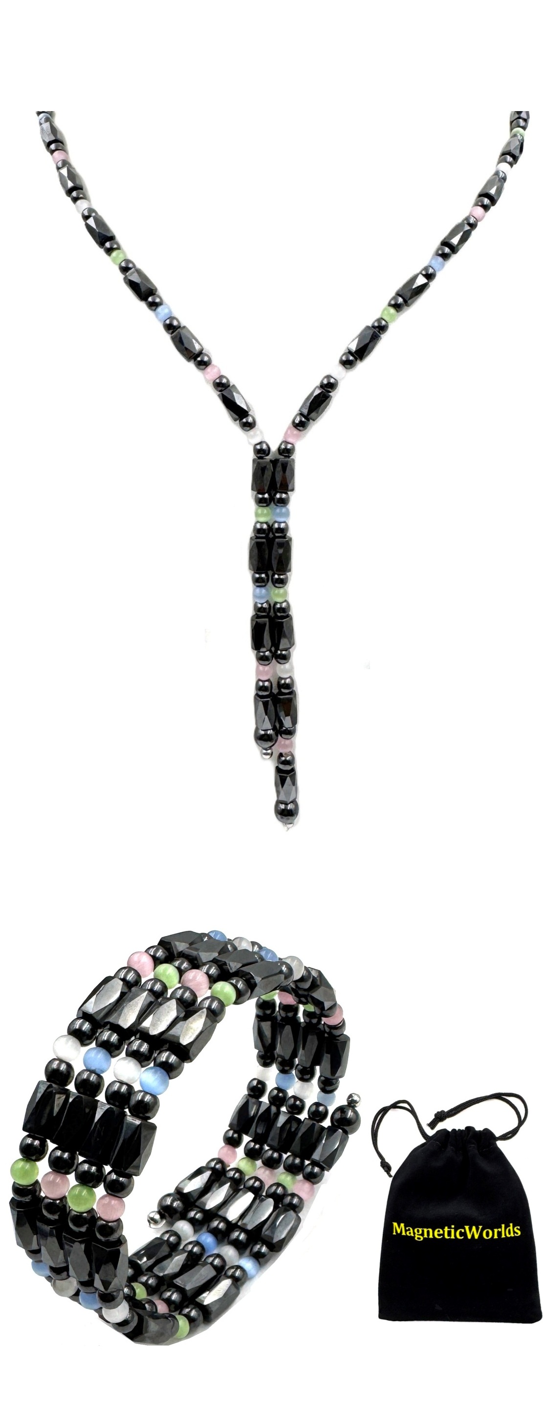Hematite Magnetic Lariat with Multi‑Color Cat’s Eye Beads #MLN102