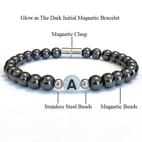 Unisex First Custom Glow in the dark  Initial Magnetic Bracelet – Handmade with Hematite Magnetic Beads and Magnetic Clasp for Men and Women #MHB-006G