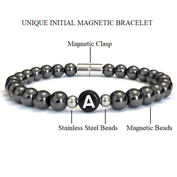 Unisex First Custom Black Initial Magnetic Bracelet – Handmade with Hematite Magnetic Beads and Magnetic Clasp for Men and Women #MHB-006