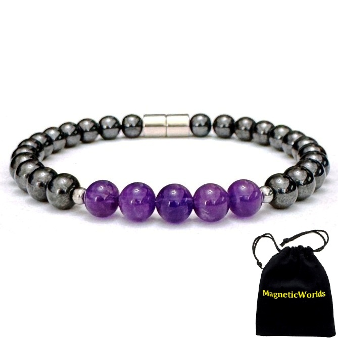 Magnetic Bracelet with 5 Genuine AAA Quality Amethyst Beads Hematite Magnetic Beaded Bracelet #MHB007AM
