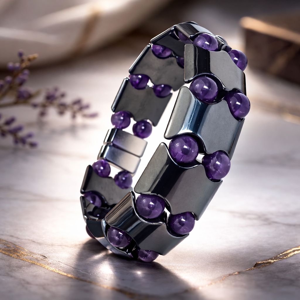 Amethyst & Hematite Magnetic Bracelet for Men and Women – Double Line Beaded Design #MHB208