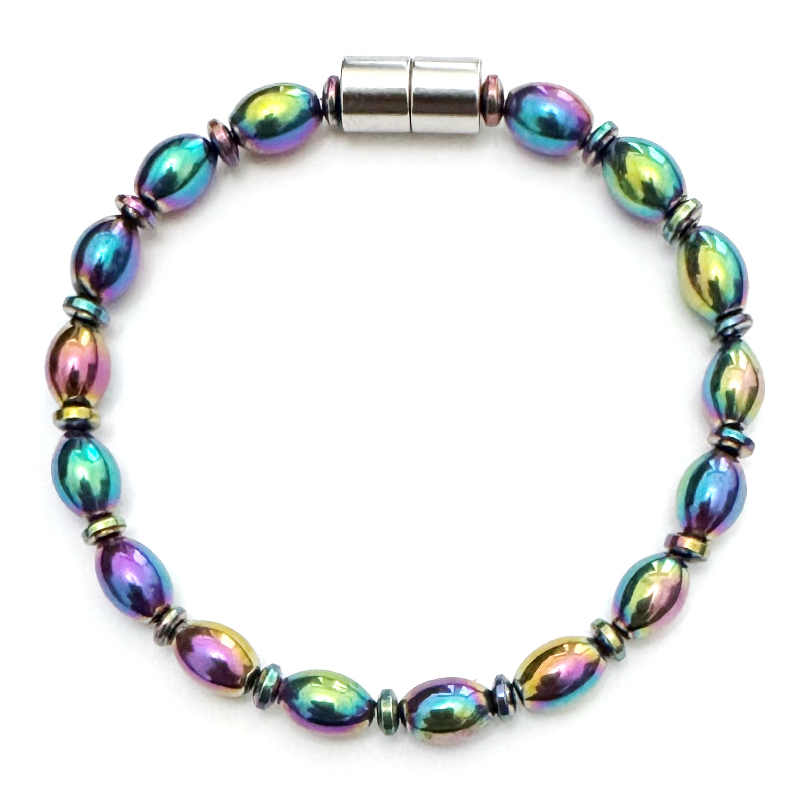 Rainbow Little Oval Hematite Magnetic Bracelet with Iridescent Magnetic Beads #MHB427