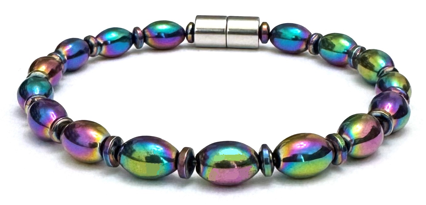 Rainbow Little Oval Hematite Magnetic Bracelet with Iridescent Magnetic Beads #MHB427