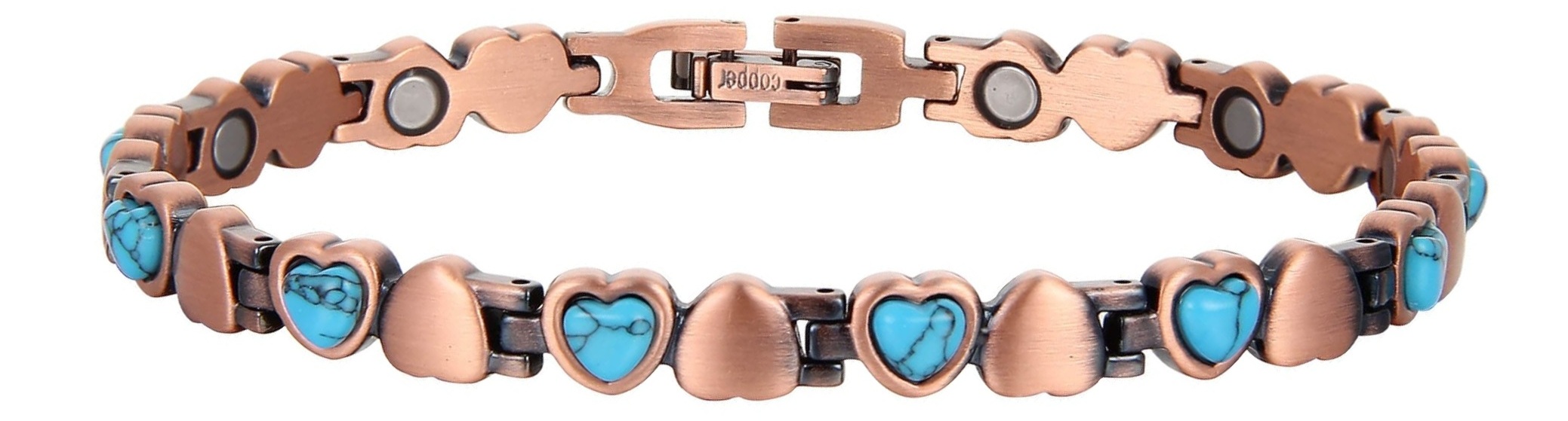 Turquoise Upside Down Hearts Pure Copper Magnetic Bracelet #CMB031