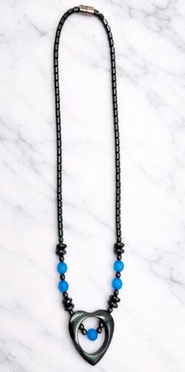 35mm Open Heart Hematite Magnetic Necklace with Blue Beads for Women #MHN413