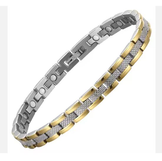 Two Tone Narrow Railroad Stainless Steel Magnetic Bracelet #MSB565